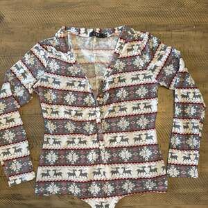 Women's XL Christmas print V-Neck Soft & Cozy Long Sleeve Sexy Bodysuit Pajamas